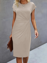 dresses : Melody – Élégante Robe midi de bureau Ajustée avec Fronces in Beige van Seroa