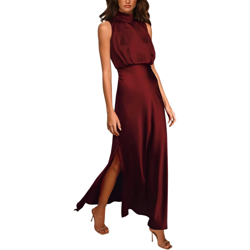 dresses : Ivy - Robe Maxi Élégante en Satin à Col Haut avec Fente in Rouge van Seroa