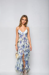 dresses : Natalia – Robe Longue Romantique à Volants en Tulle Fleuri in van Seroa
