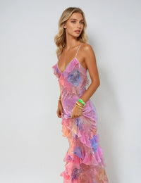 Maxikleid Damen Transparent mit Rüschen Seide