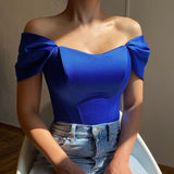 top blouses : Elena – Top Corset Structuré Élégant à Épaules Dénudées in Bleu van Seroa