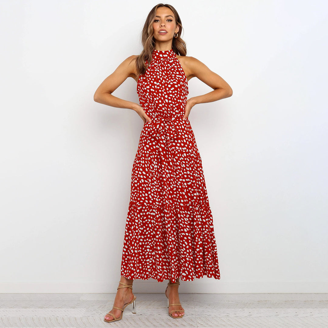 dresses : Maria – Élégante robe midi à pois avec volants in Rouge van Seroa