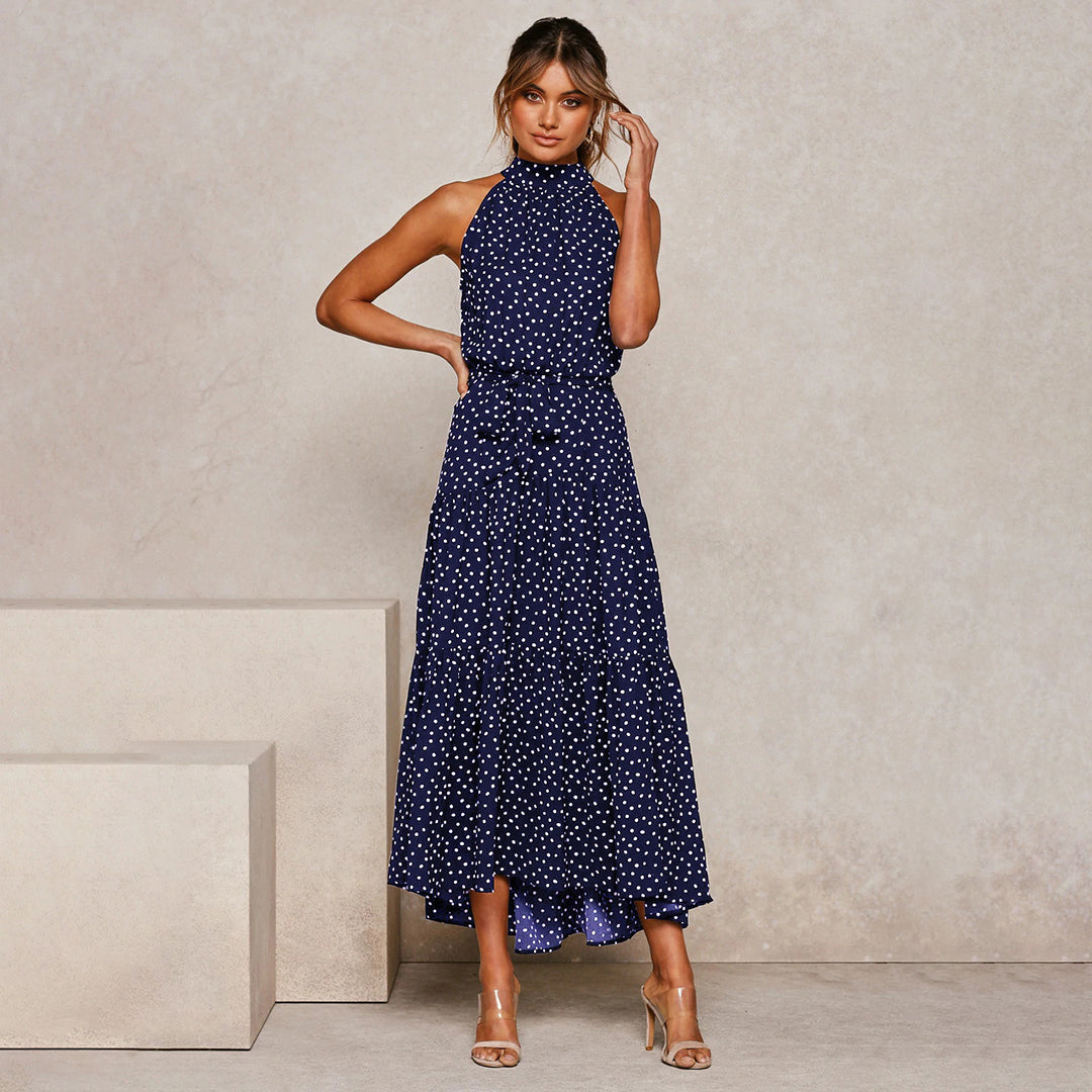 dresses : Maria – Élégante robe midi à pois avec volants in Bleu marine van Seroa