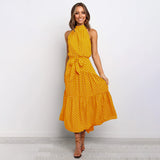 dresses : Maria – Élégante robe midi à pois avec volants in Jaune van Seroa