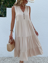 Robe Midi d'Été Sans Manches à Boutons et Coupe Décontractée Femme