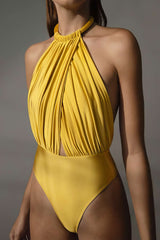 top blouses : Celia | Body Femme Jersey Dos Nu Ajusté Élégant in JAUNE van Seroa