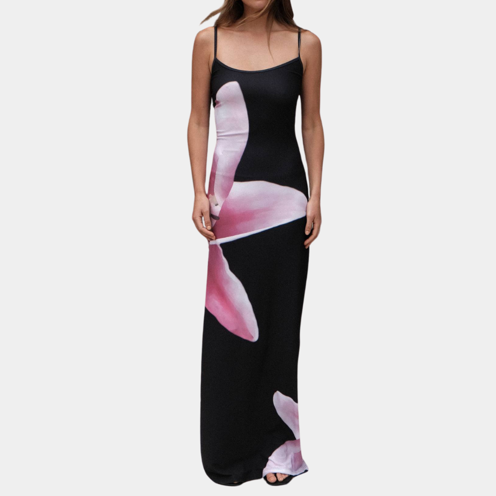 dresses : Lina - Robe longue Moulante à fines Bretelles, Imprimé Floral vibrant in Noir van Seroa