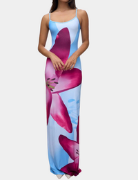 Maxikleid Damen Eng mit Dünnen Trägern Lebendiger Blumenprint