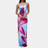 dresses : Lina - Robe longue Moulante à fines Bretelles, Imprimé Floral vibrant in Bleu ciel van Seroa