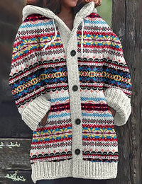 Boho Damen Kapuzenweste, bedruckte Boho Strickjacke