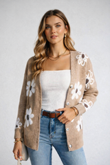 Cardigan Femme Floral Élégant Mi-Long 0