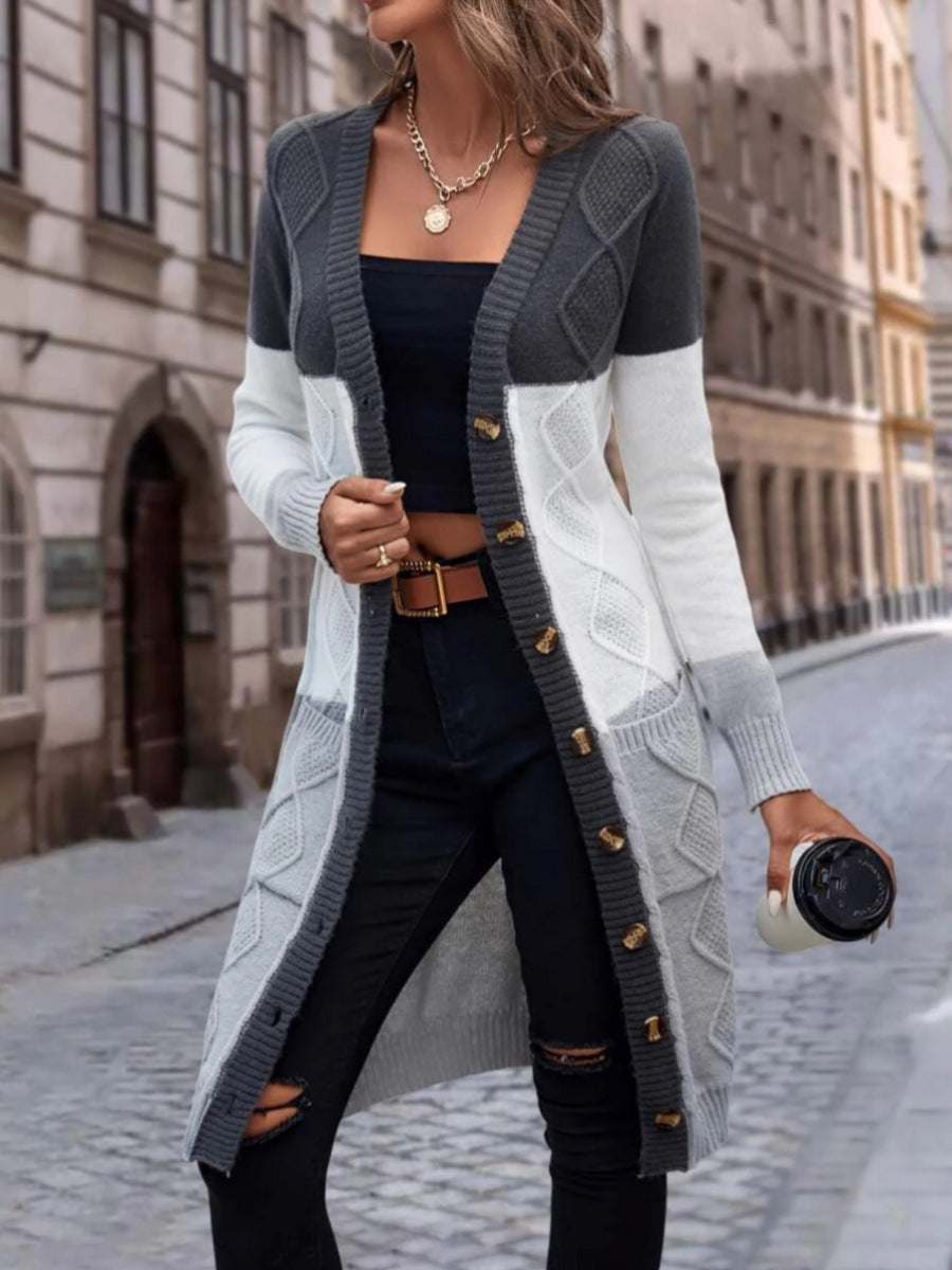 Cardigan Femme Long Color Block Élégant 1