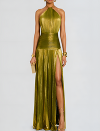 Thalia Metallic Maxi Dress in Peridot for an Elegant and Stunning