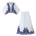 Boho damski zestaw z bluzką i długą, płynną haftowaną spódnicą