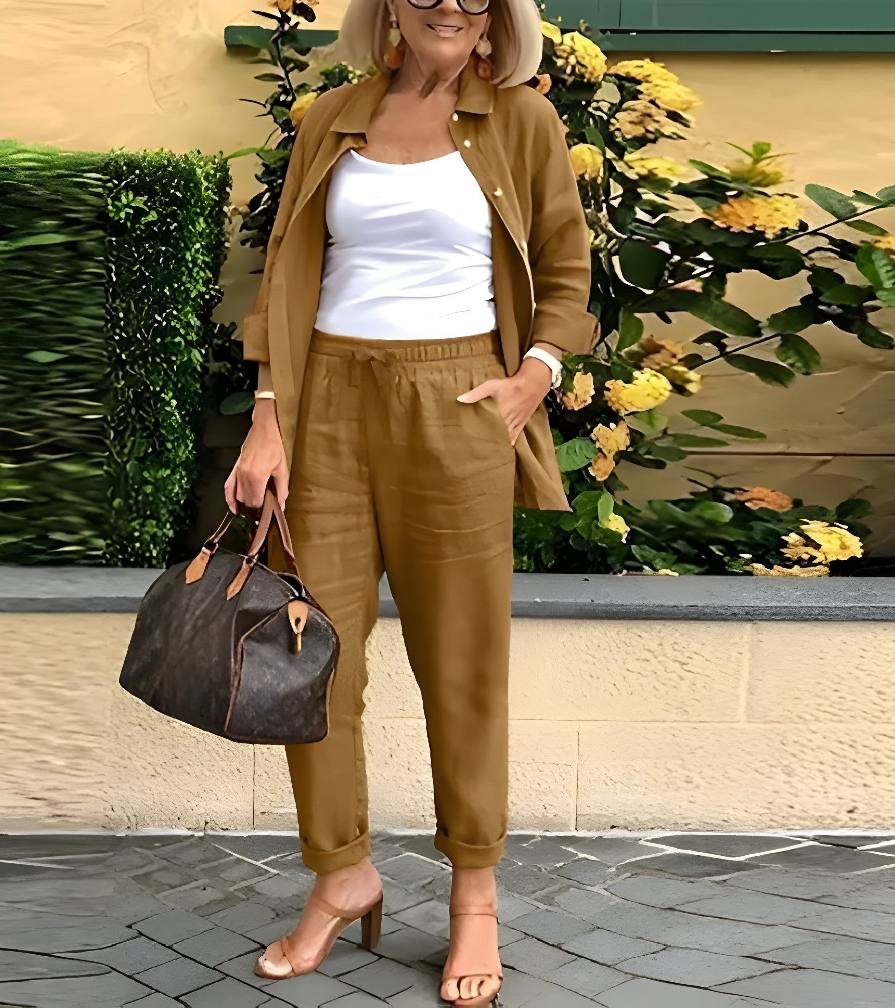 Damski elegancki zestaw lniano-bawełniany spodnie i lekka koszula beżowy S-XL