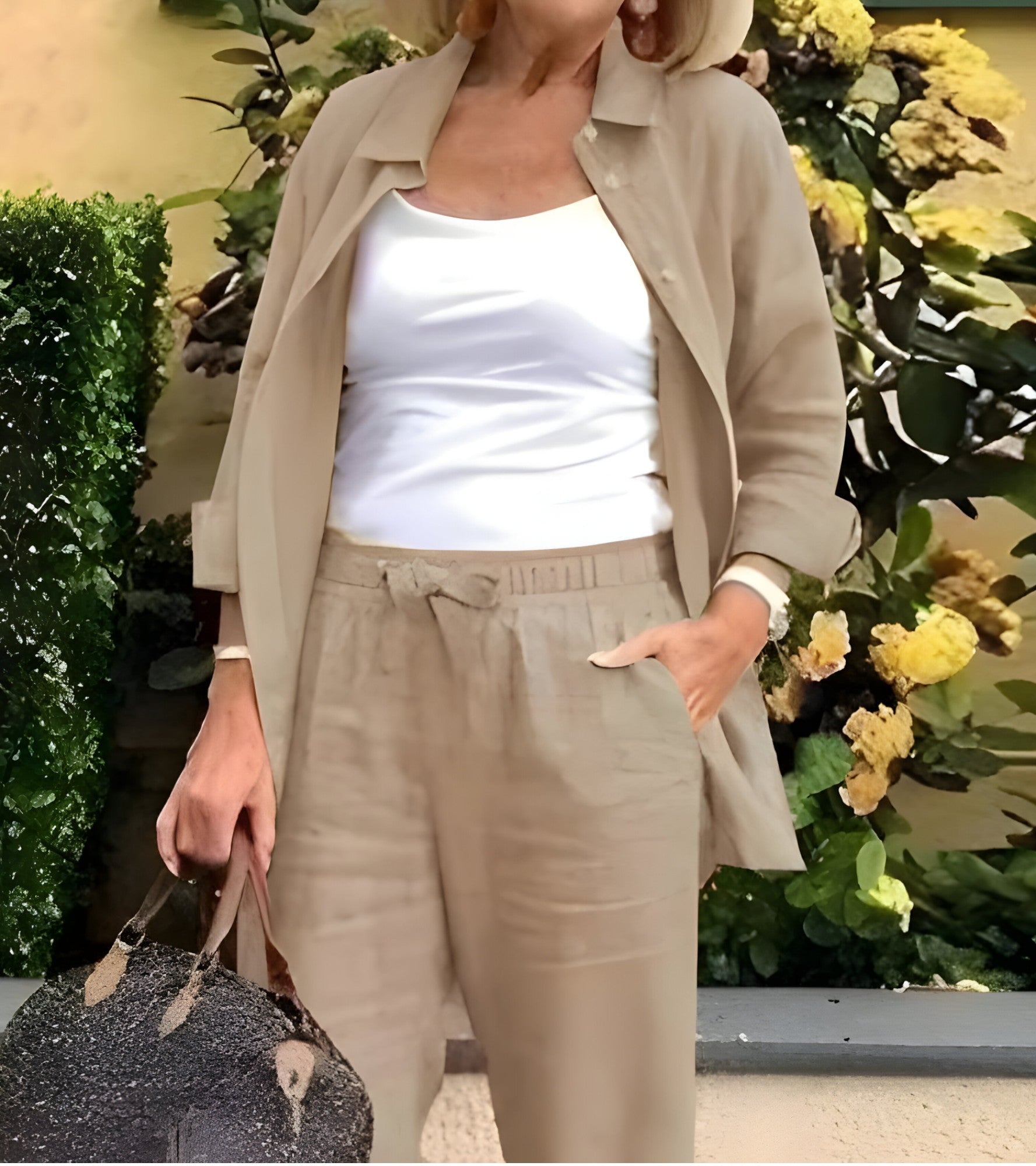 Damski elegancki zestaw lniano-bawełniany spodnie i lekka koszula beżowy S-XL