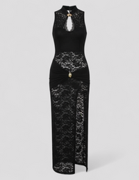 Robe de Soirée en Dentelle Transparente avec Fente Haute Lara Femme
