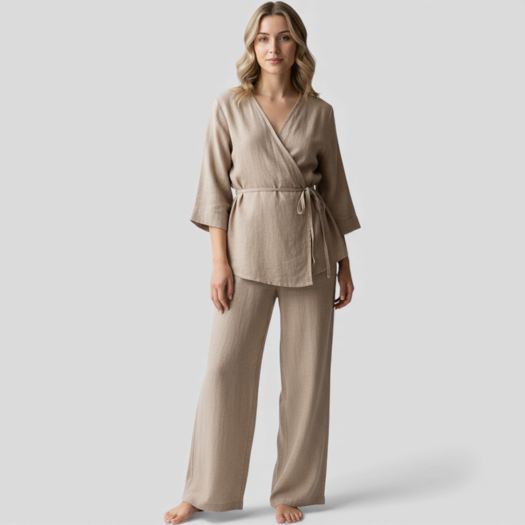 Elegancki lniany kimono damski z paskiem - idealny na lato i wiosnę