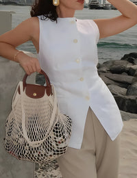 Gilet Sans Manche Femme en Coton Blanc Haut De Veste Femme