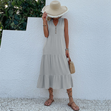 dresses : Ines – Robe Midi d'Été Sans Manches à Boutons et Coupe Décontractée in Gris van Seroa