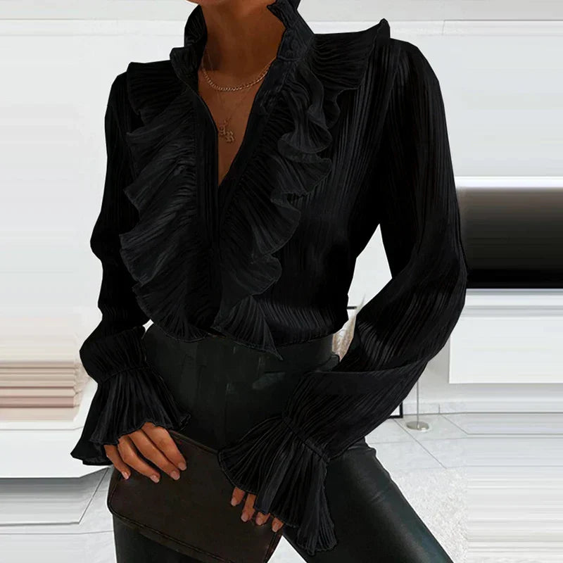 top blouses : Céleste – Blouse Élégante à Volants avec Manches Statement in Noir van Seroa