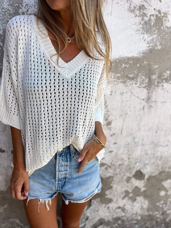 Hauts pour femmes : Carrie | Haut Femme Polyester Décontracté à V in Blanc van Seroa