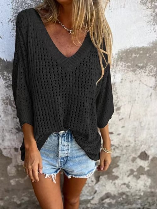 Hauts pour femmes : Carrie | Haut Femme Polyester Décontracté à V in Noir van Seroa