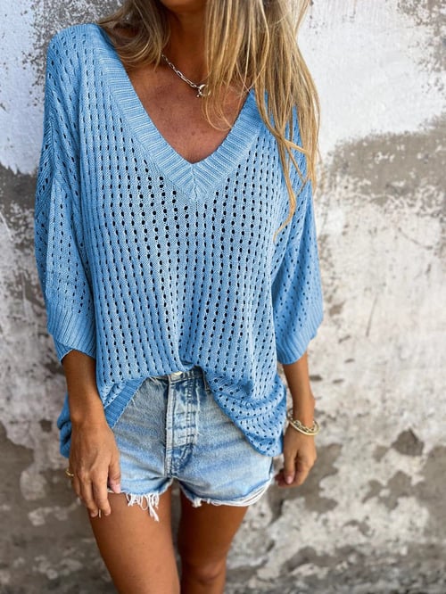 Hauts pour femmes : Carrie | Haut Femme Polyester Décontracté à V in Bleu clair van Seroa