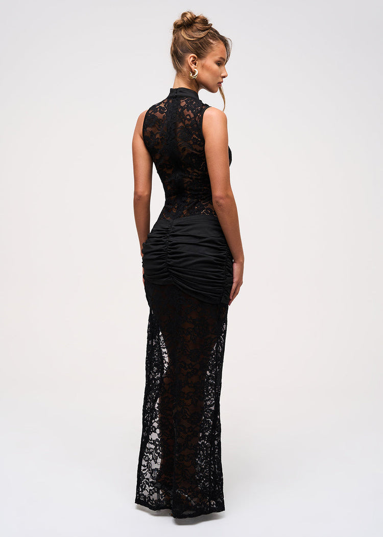 Długa sukienka damska Dark Lace czarna, elegancka z koronki