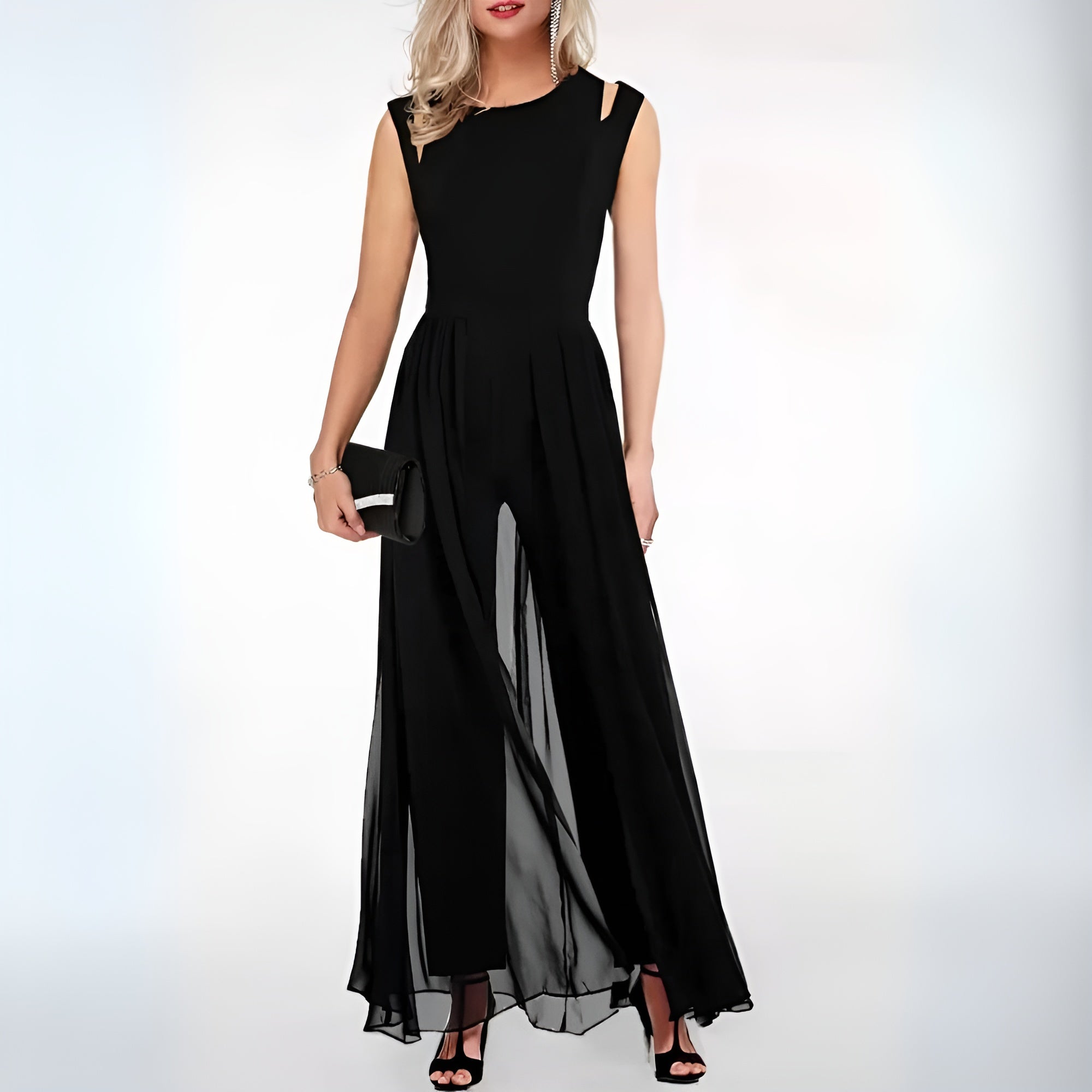 dresses : Eliana – Combinaison Robe Maxi Élégante Sans Manches en Chiffon in Noir van Seroa