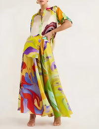 Langer Damenrock aus glänzendem Satin mit Print Satin