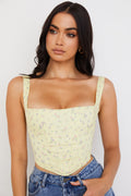 Damski jasny żółty gorset bustier w kwiaty, regulowany - elegancki