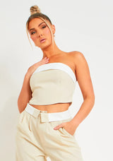 dresses : Isla - Ensemble Élégant Deux Pièces Pantalon Ample et Haut Bandeau in Beige van Seroa