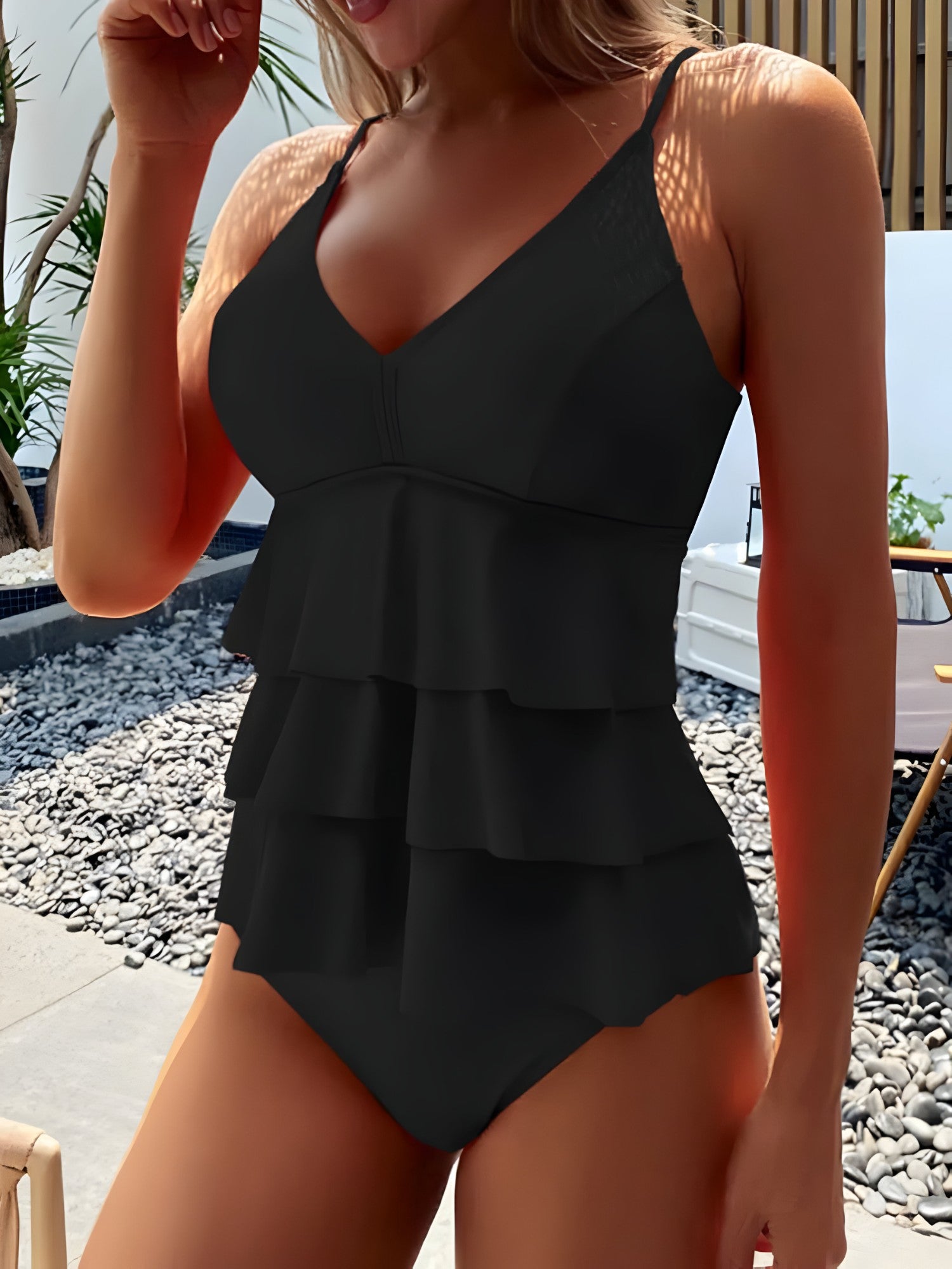 swimwear : Lora | Maillot de Bain Tankini Femme Ruffles Confortable in Noir van Seroa