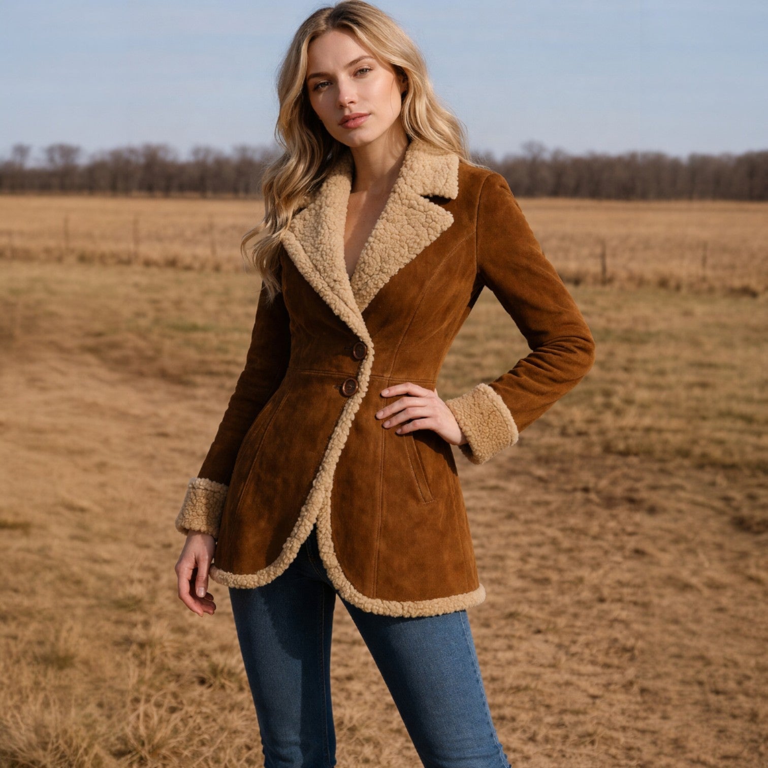 Zimowy płaszcz damski z futrzanym obszyciem