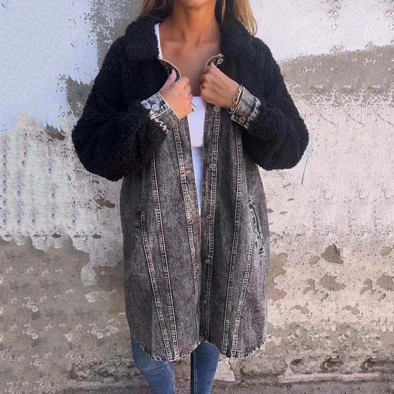 Manteau Long Femme Hiver en Denim Sherpa 0