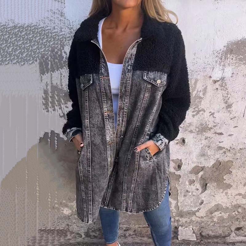 Manteau Long Femme Hiver en Denim Sherpa 1