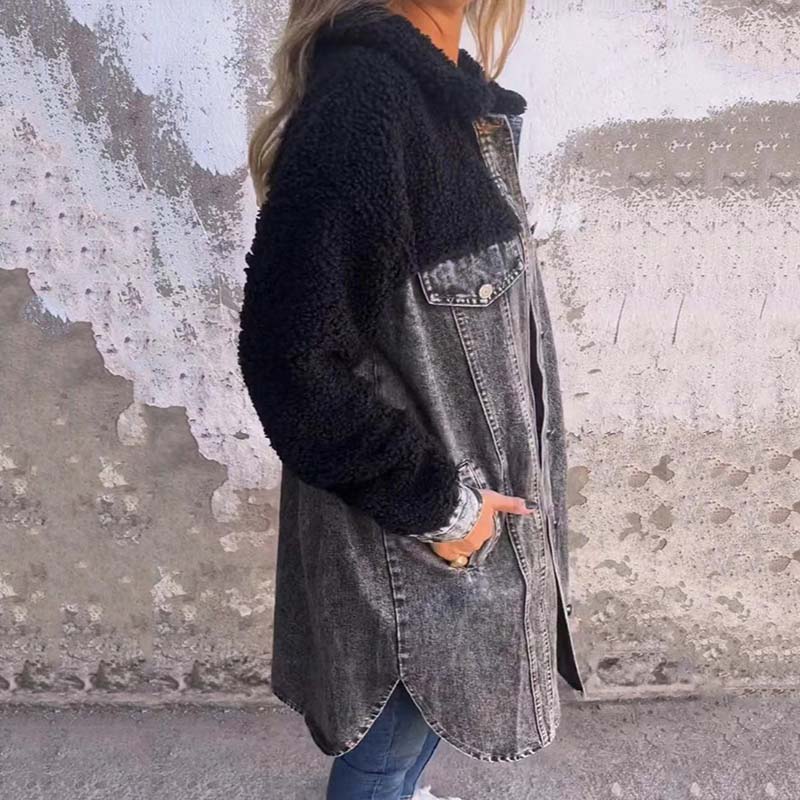 Manteau Long Femme Hiver en Denim Sherpa 2