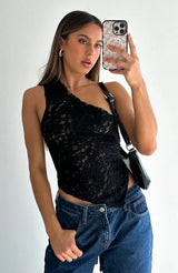 top blouses : Lena - Élégant Crop top Asymétrique en Dentelle avec dos Ouvert in Noir van Seroa