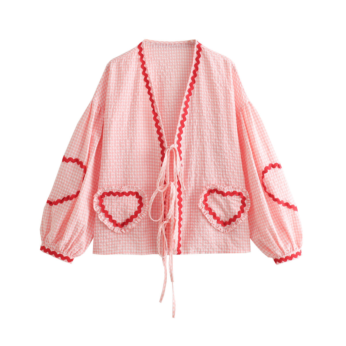 top blouses : Lina - Adorable Top à Carreaux Vichy avec Manches Bouffantes et Poches en Cœur in Rose van Seroa