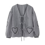 top blouses : Lina - Adorable Top à Carreaux Vichy avec Manches Bouffantes et Poches en Cœur in van Seroa