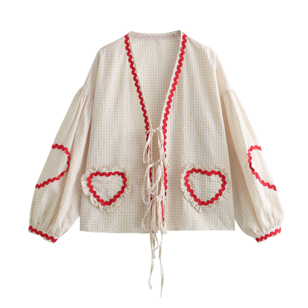 top blouses : Lina - Adorable Top à Carreaux Vichy avec Manches Bouffantes et Poches en Cœur in Blanc van Seroa