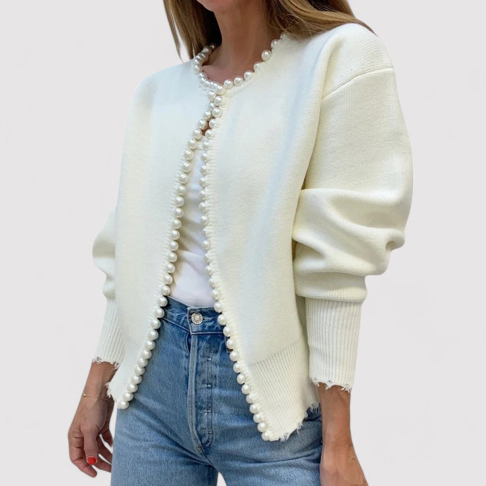 other : Elena - Cardigan Élégant en Maille Orné de Perles in Blanc van Seroa