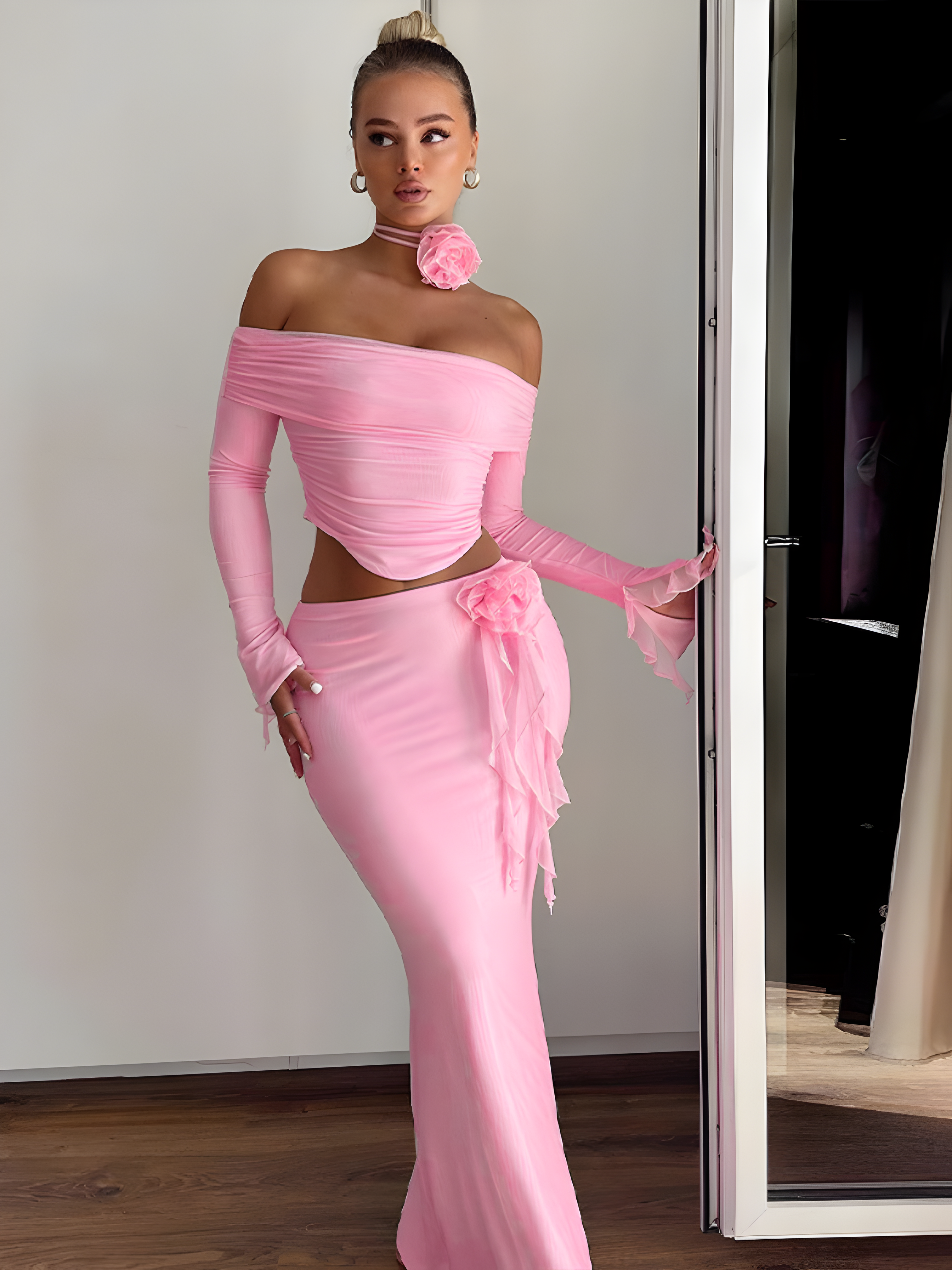 dresses : Elisabeth | Ensemble Femme Élastique à Épaules Dénudées Maxi in Rose van Seroa