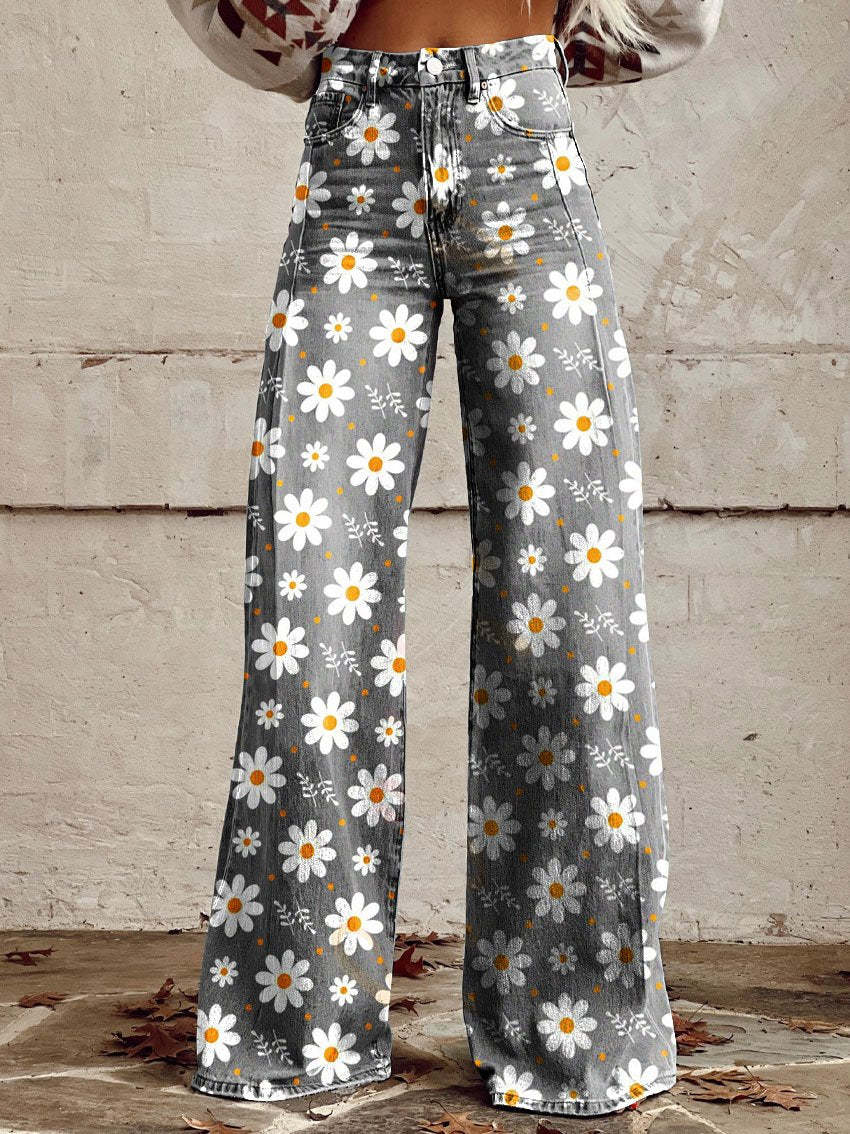 Pantalons décontractés : Rosalie | Pantalon Fluide Femme en Viscose Multicolore in Fleurs blanches van Seroa
