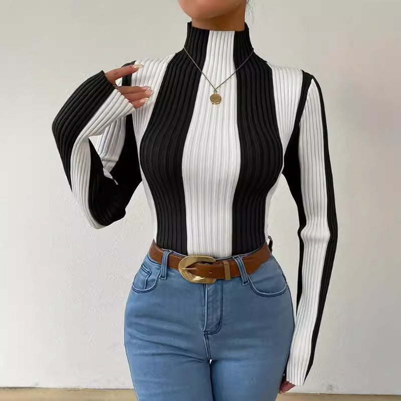 Pull Femme Chic Col Montant Rayé 0
