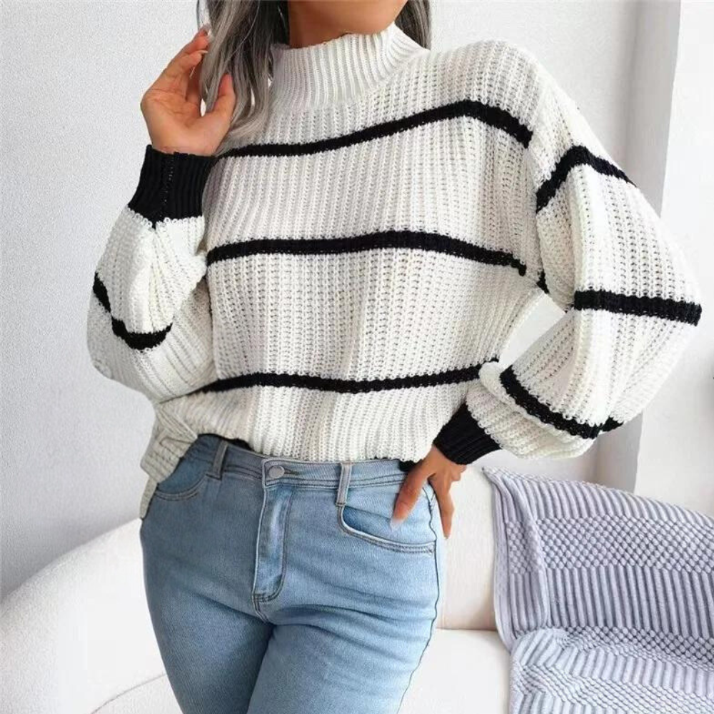 Pull Femme Col Montant Classique Noir et Blanc 1