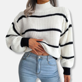 Casual sweter damski z golfem w paski, dzianina