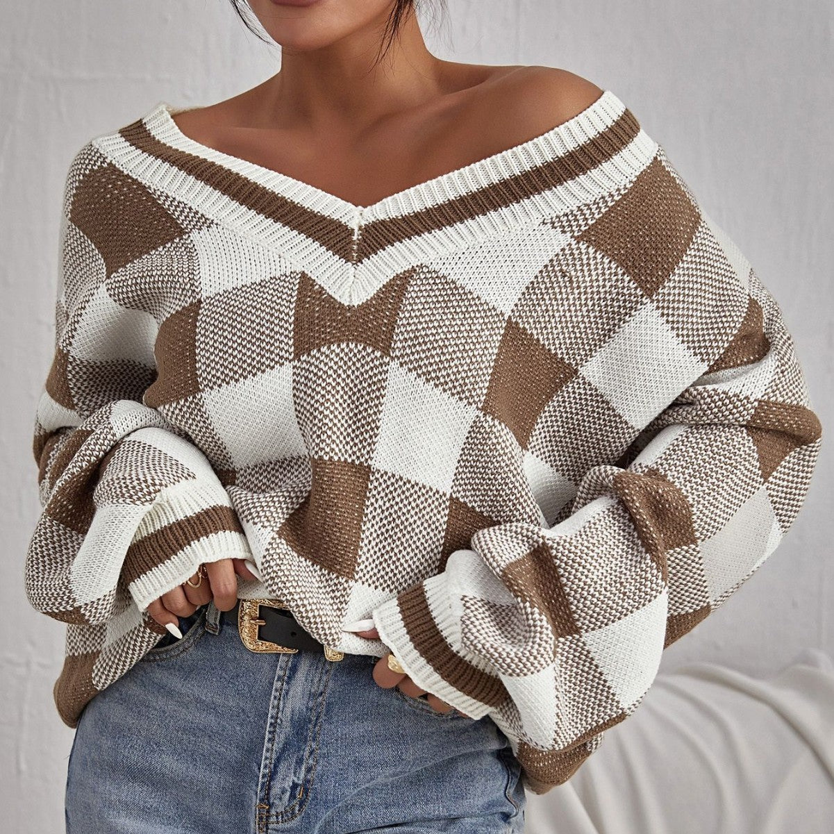 Pull Femme Col V Plaid Décontracté 1
