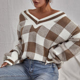 Pull Femme Col V Plaid Décontracté 3